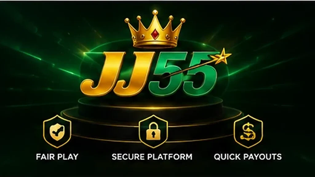 JJ55 Game brand graphic with logo, casino chips and account security icons
