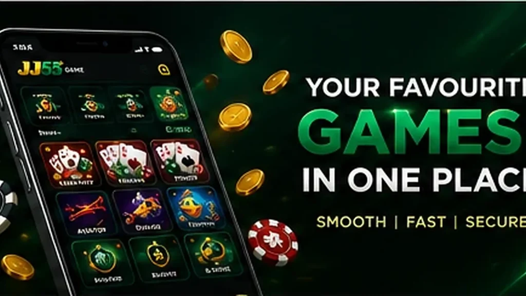 JJ55 Game mobile app screen showing card, slot, fishing and casino game categories