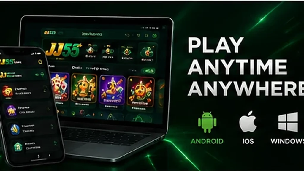 JJ55 Game shown on mobile phone and laptop for Android, iOS and Windows access