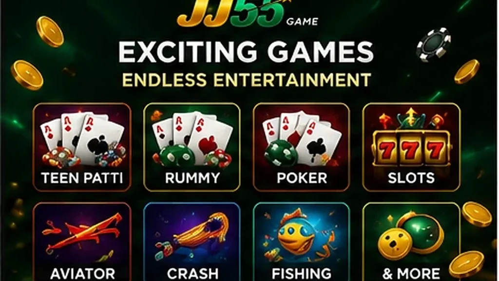 JJ55 Game graphic showing Teen Patti, Rummy, Poker, slots, Aviator, crash and fishing game categories