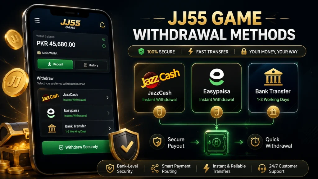 JJ55 Game Withdrawal methods in Pakistan.