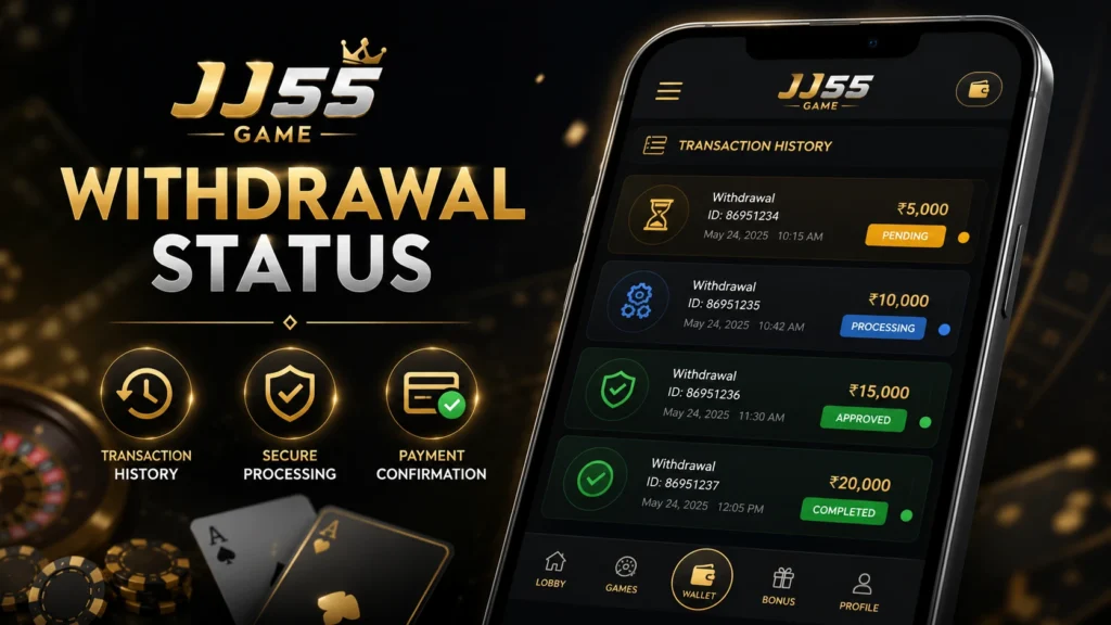 JJ55 Game Withdrawal status screen showing pending, processing, approved and completed transactions