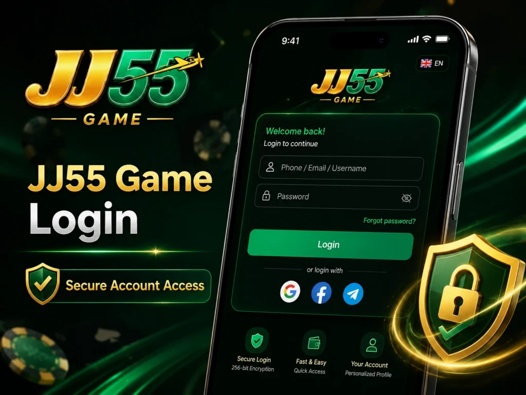JJ55 Game login screen with phone, email, username and password account access