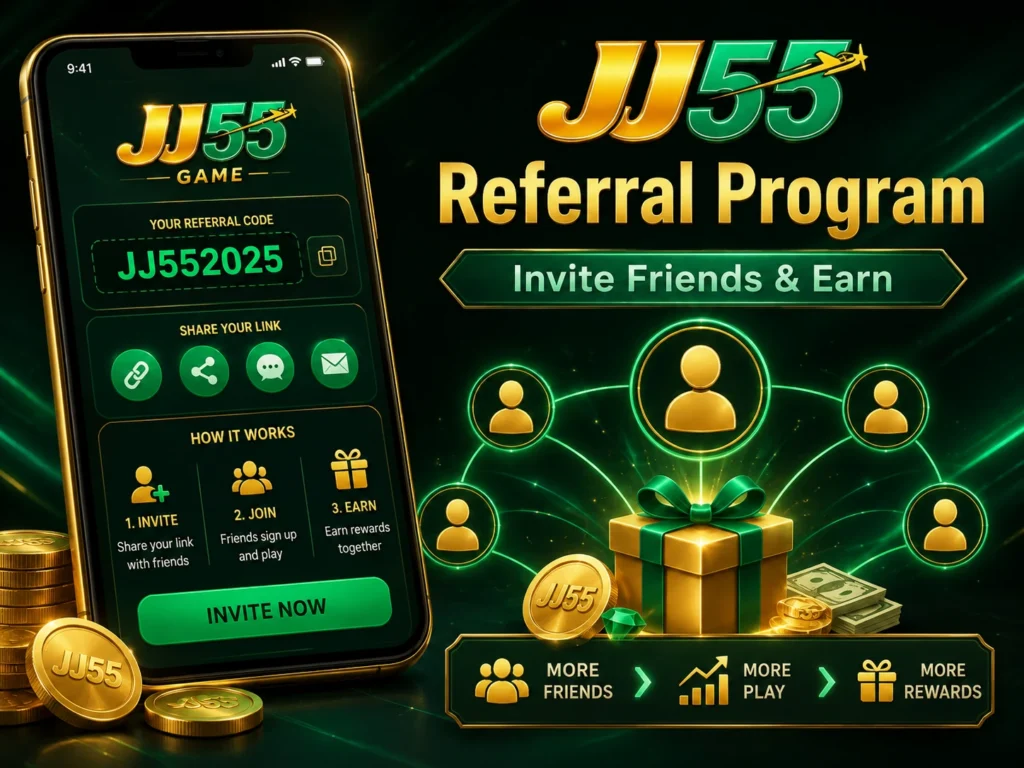 JJ55 Game referral program with invitation code, referral sharing and reward information
